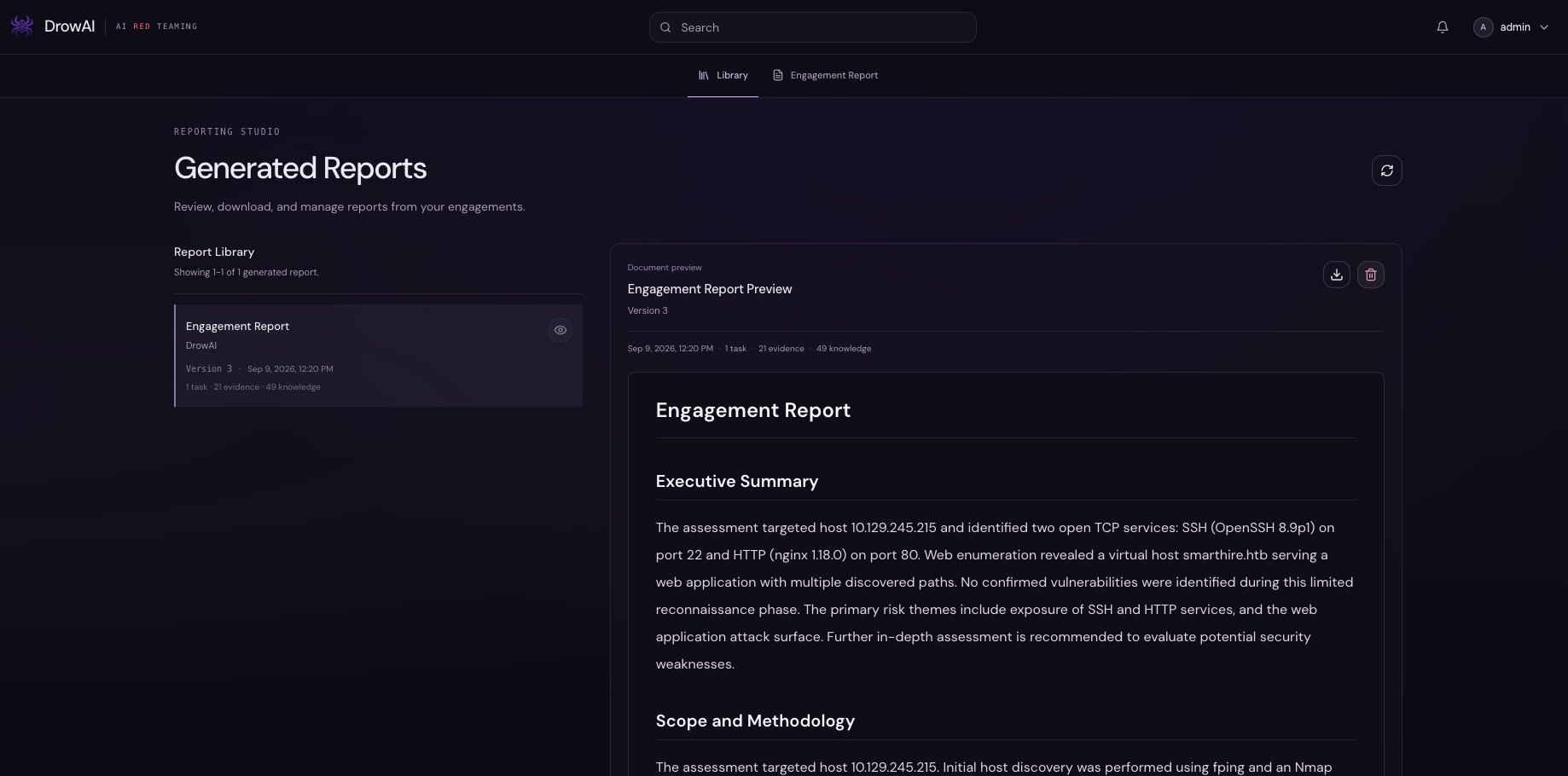 DrowAI generated engagement report with summary and findings