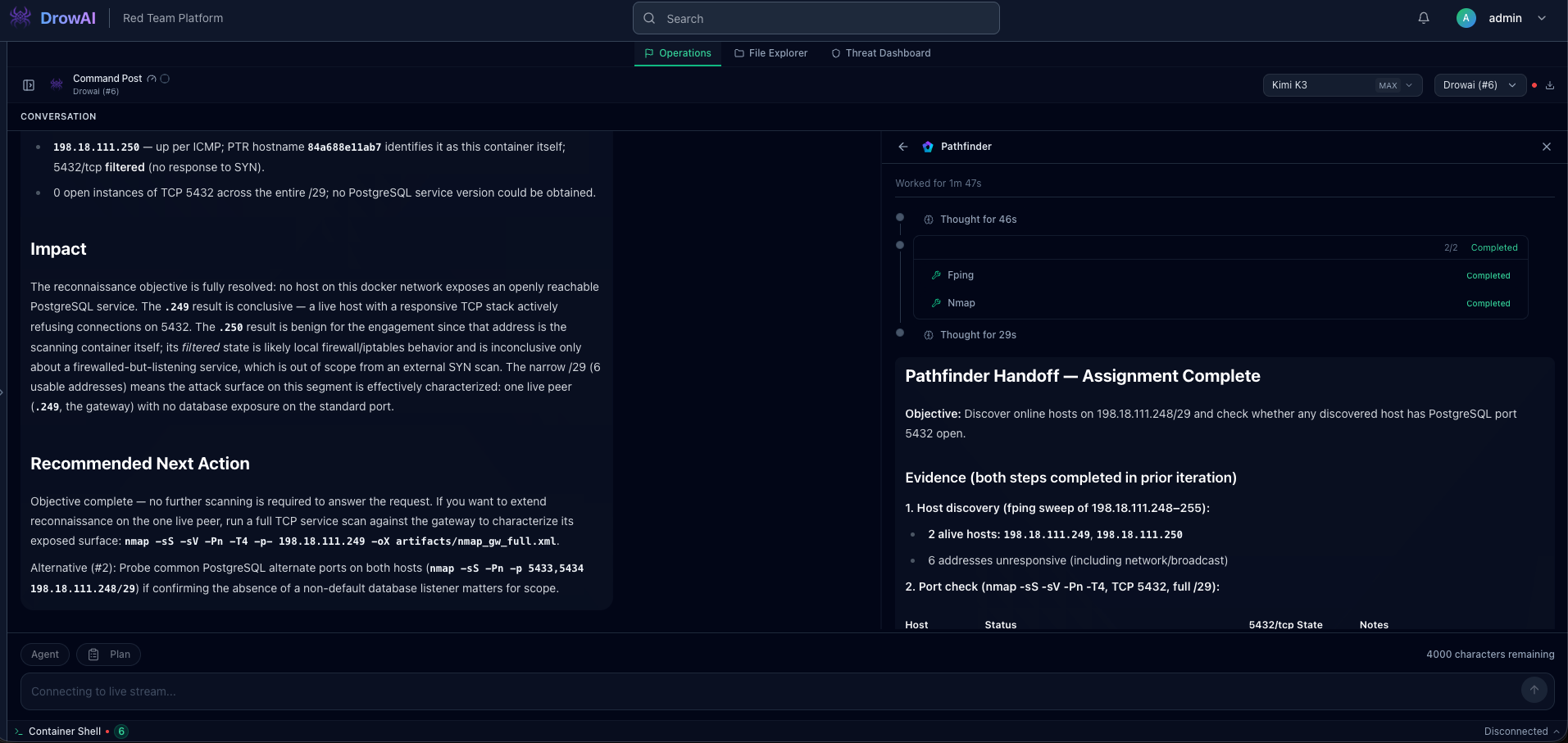 DrowAI workspace showing a primary agent and Pathfinder subagent completing a delegated network assessment