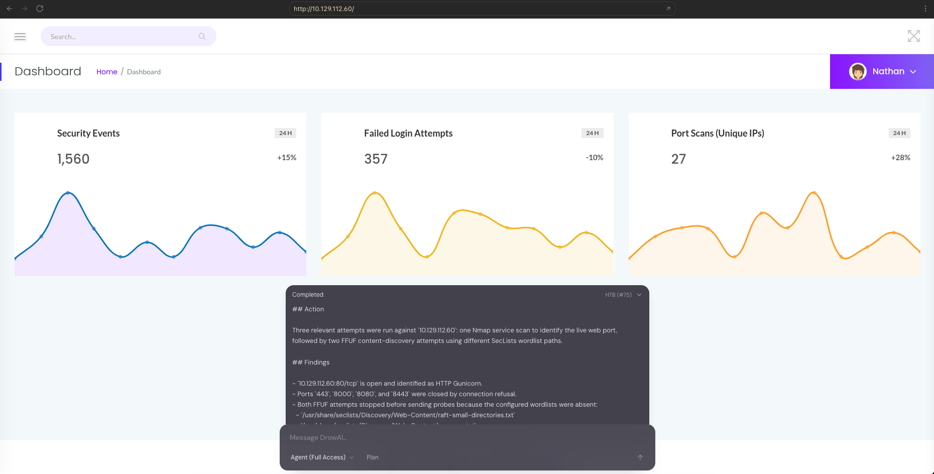 Full-size task browser with the completed agent response and message input available over the target dashboard