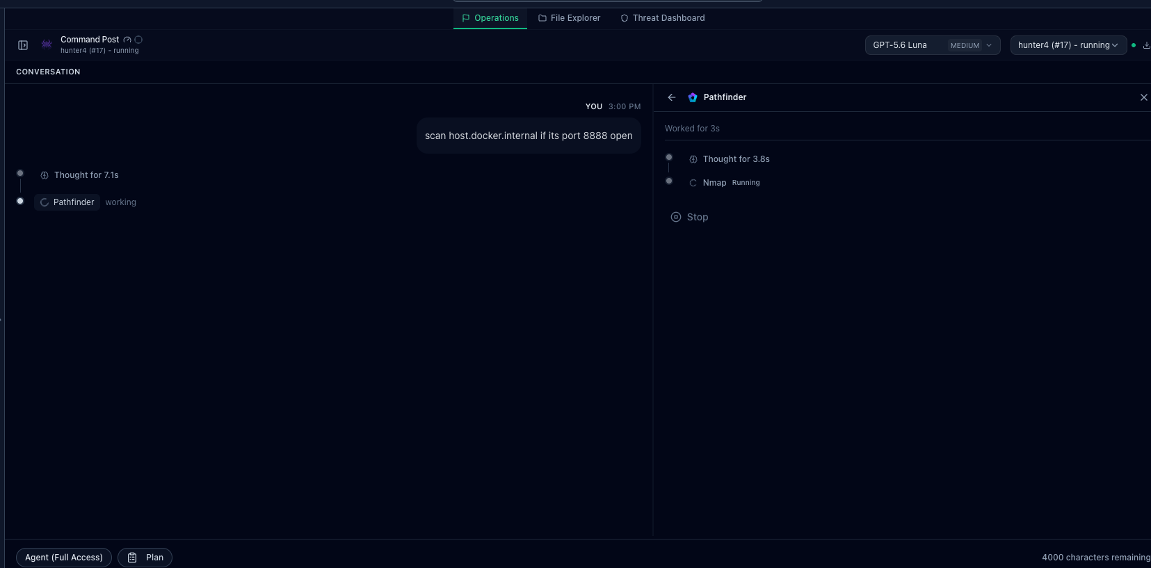 DrowAI workspace showing a specialized subagent performing a focused port check